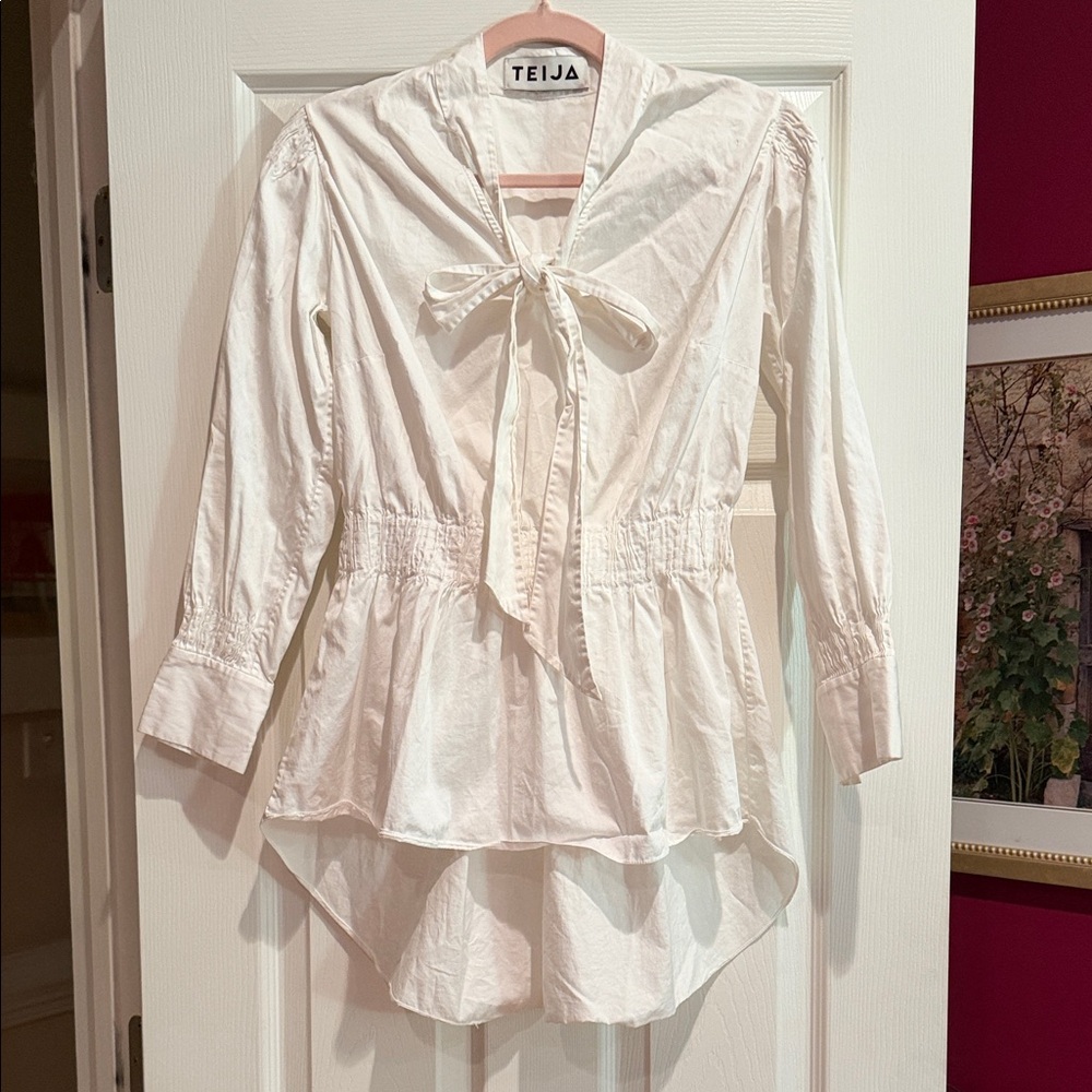 Teija White Tie-Neck Peplum Hem Blouse